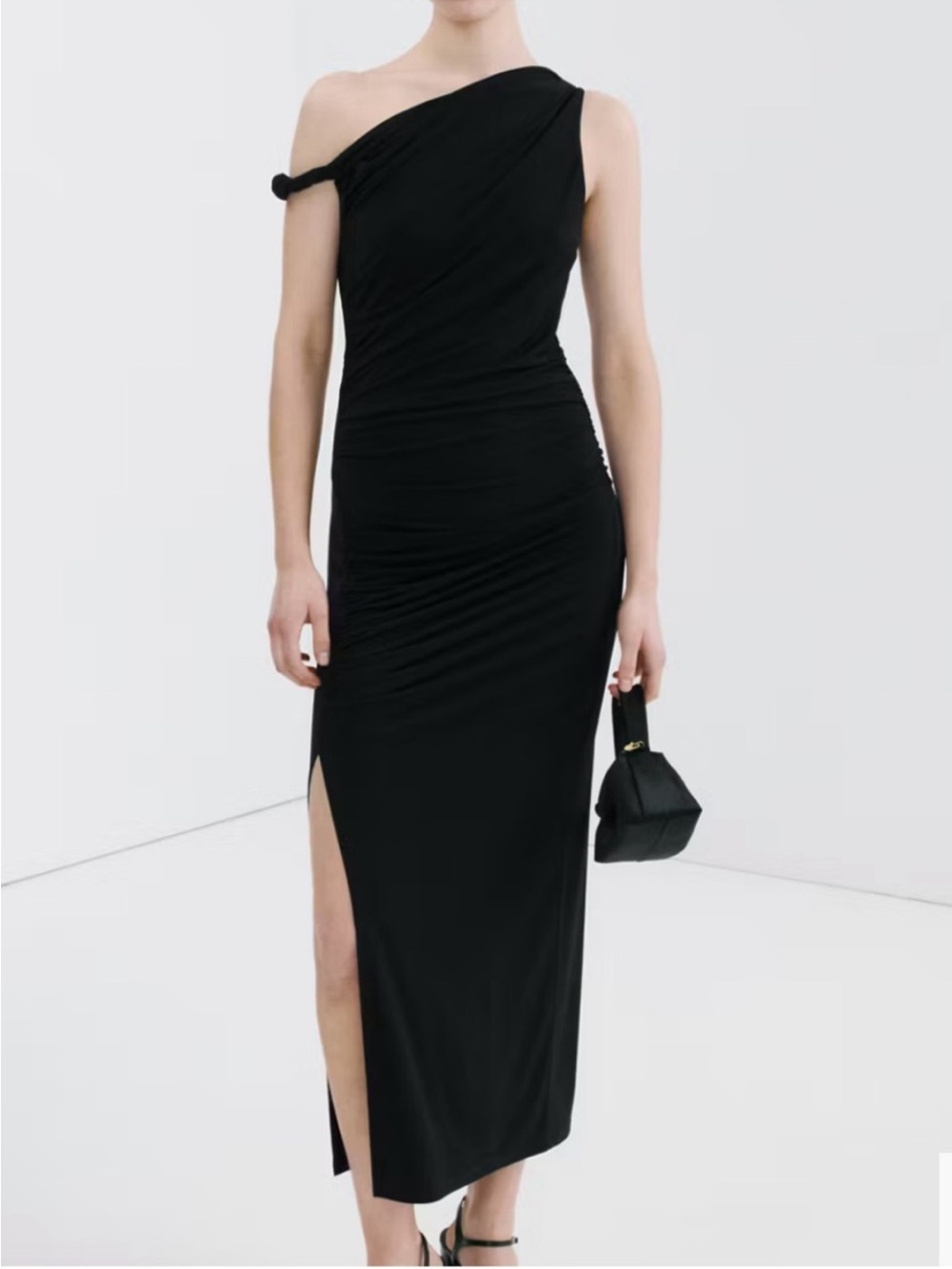 Mango Black One-Shoulder Ruched Maxi Dress